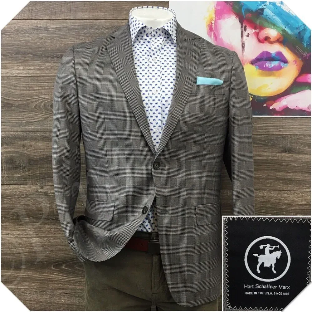 HART SCHAFFNER Mens Blazer Sport Coat Casual Jacket Size 42L‎ Wool Silk Suit USA